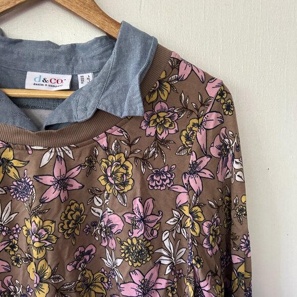D&Co Collared Sweatshirt Womens Large Pink Floral Mixed Material - Picture 2 of 5